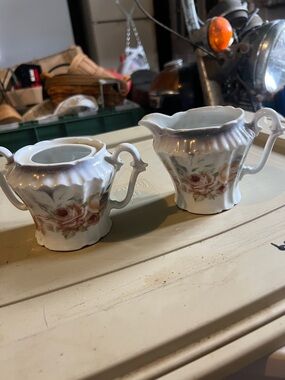 Vintage Floral Porcelain Creamer and Sugar Set - Pink Rose